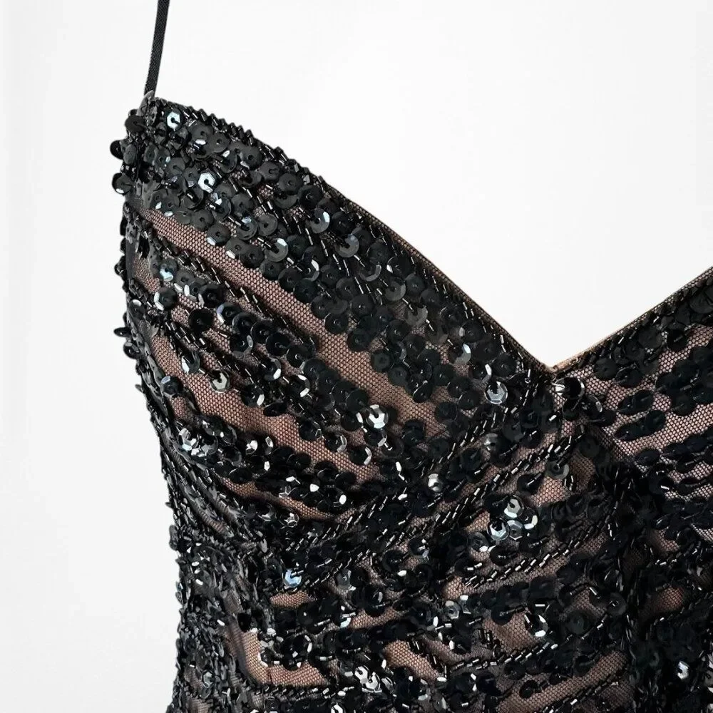 Vintage Y2K Brown Black Beaded Mesh Maxi Bodycon Side Slit Prom Dress Size M/L